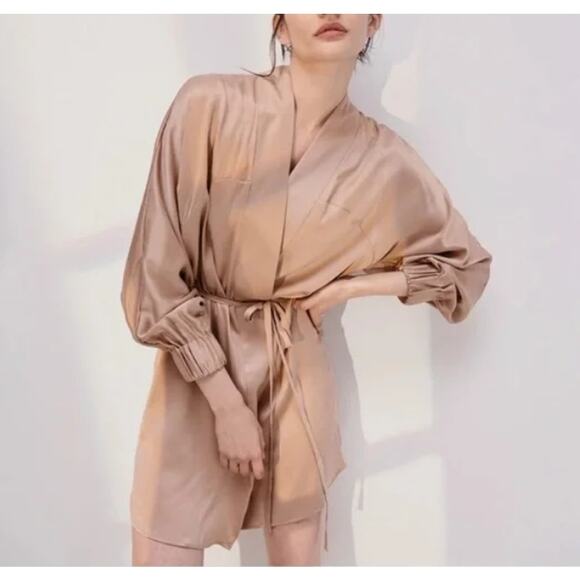Lunya Washable Silk Nude Tan Long Sleeve Short Robe With Pockets, XS S EUC - Picture 3 of 8